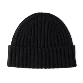 Black Cashmere Chunky Rib Beanie Hat