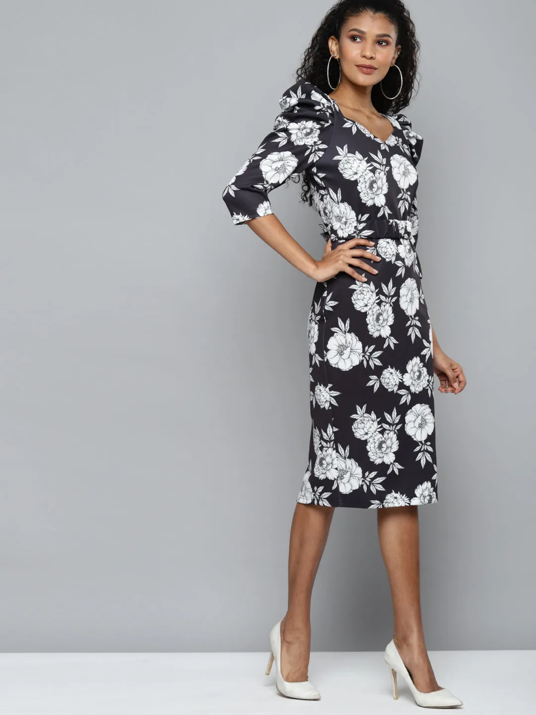 Black Floral Scuba Power Shoulder Midi Dress