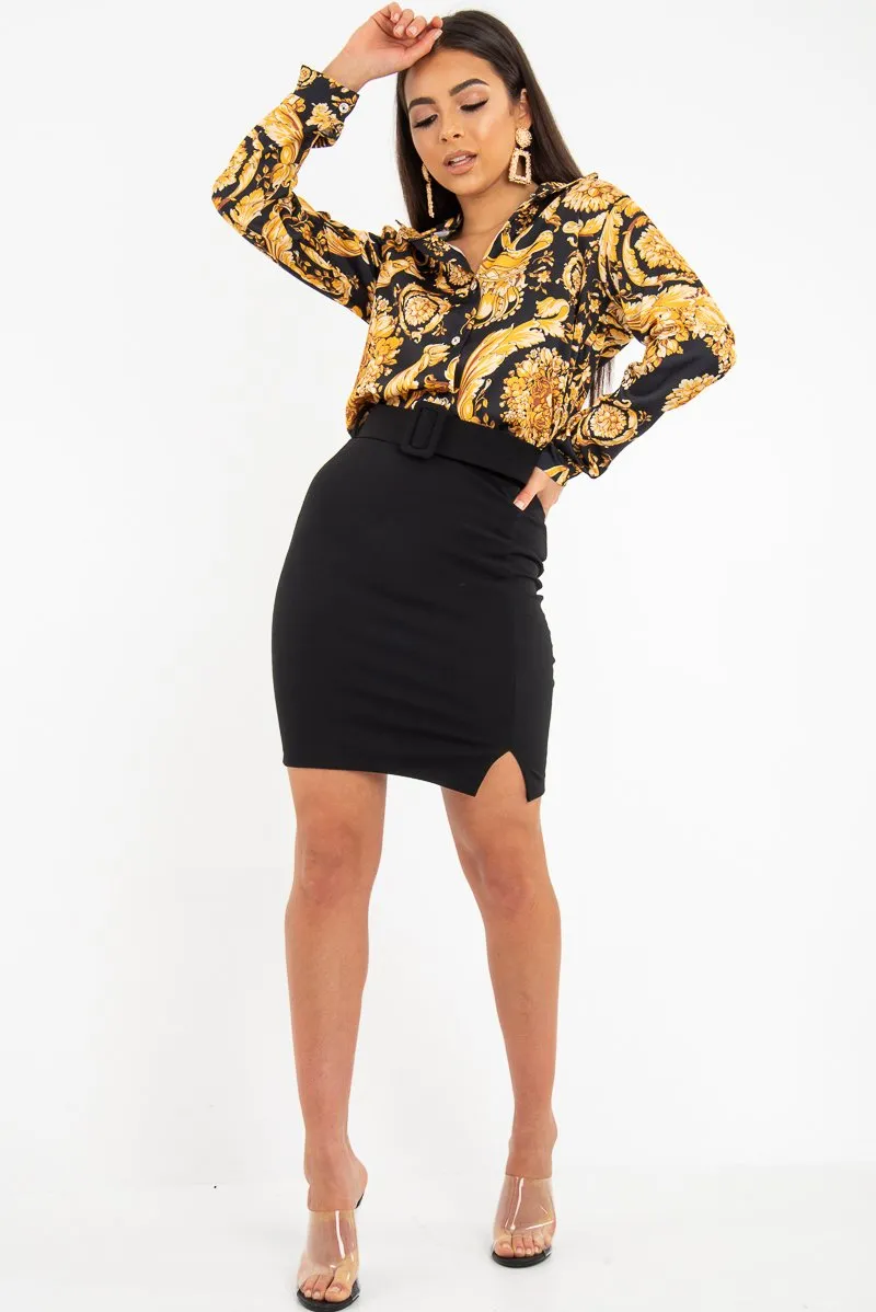 Black Gold Scarf Print Button Down Shirt - Khani