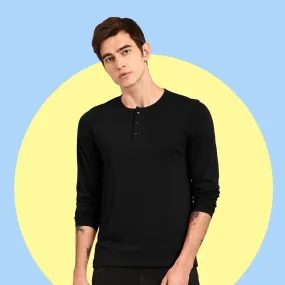 Black Henley Neck Full Sleeve Cotton T-Shirt By LazyChunks