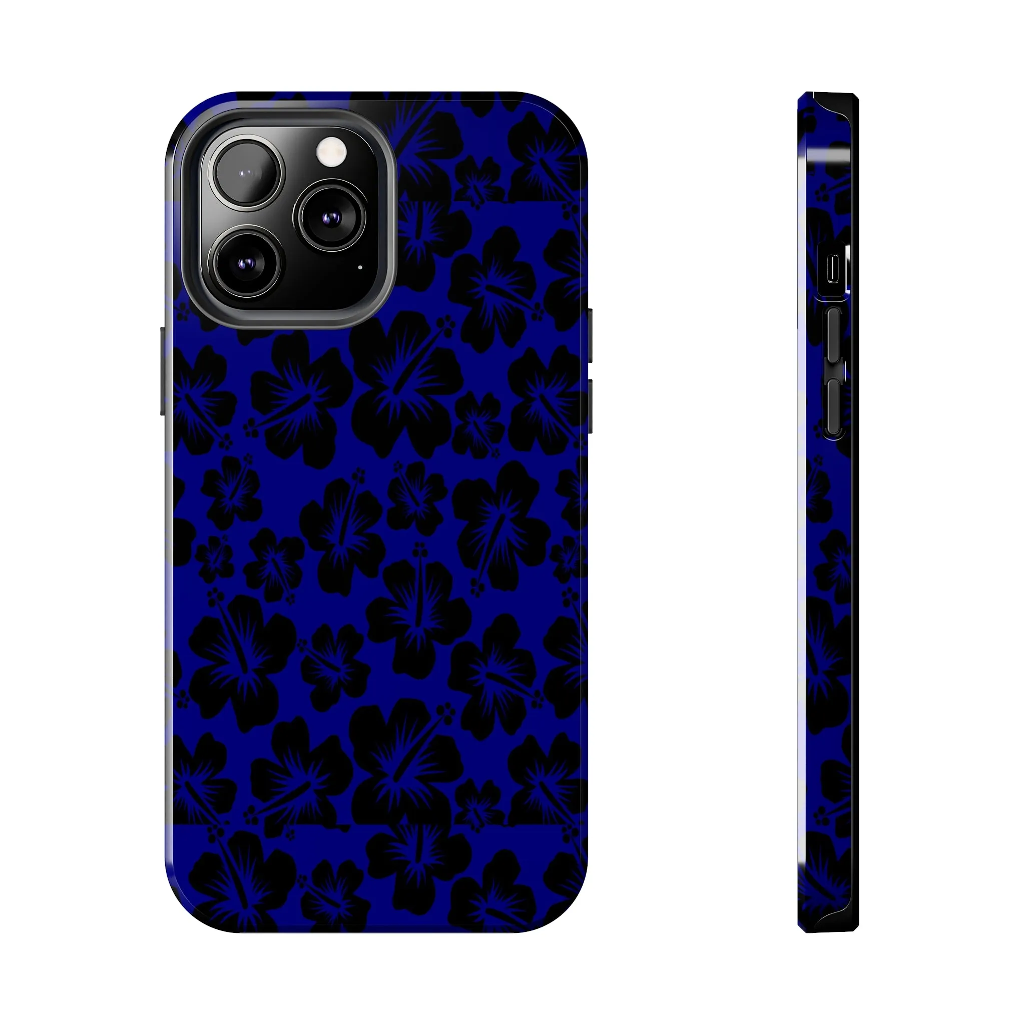 Black Hibiscus on Blue iPhone Tough Phone Cases