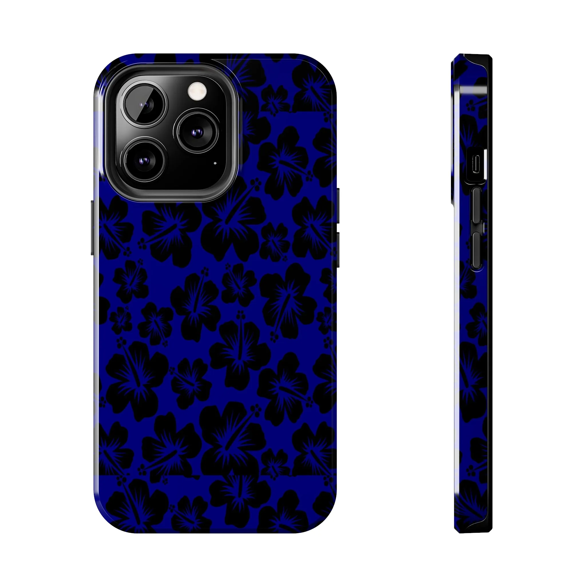 Black Hibiscus on Blue iPhone Tough Phone Cases