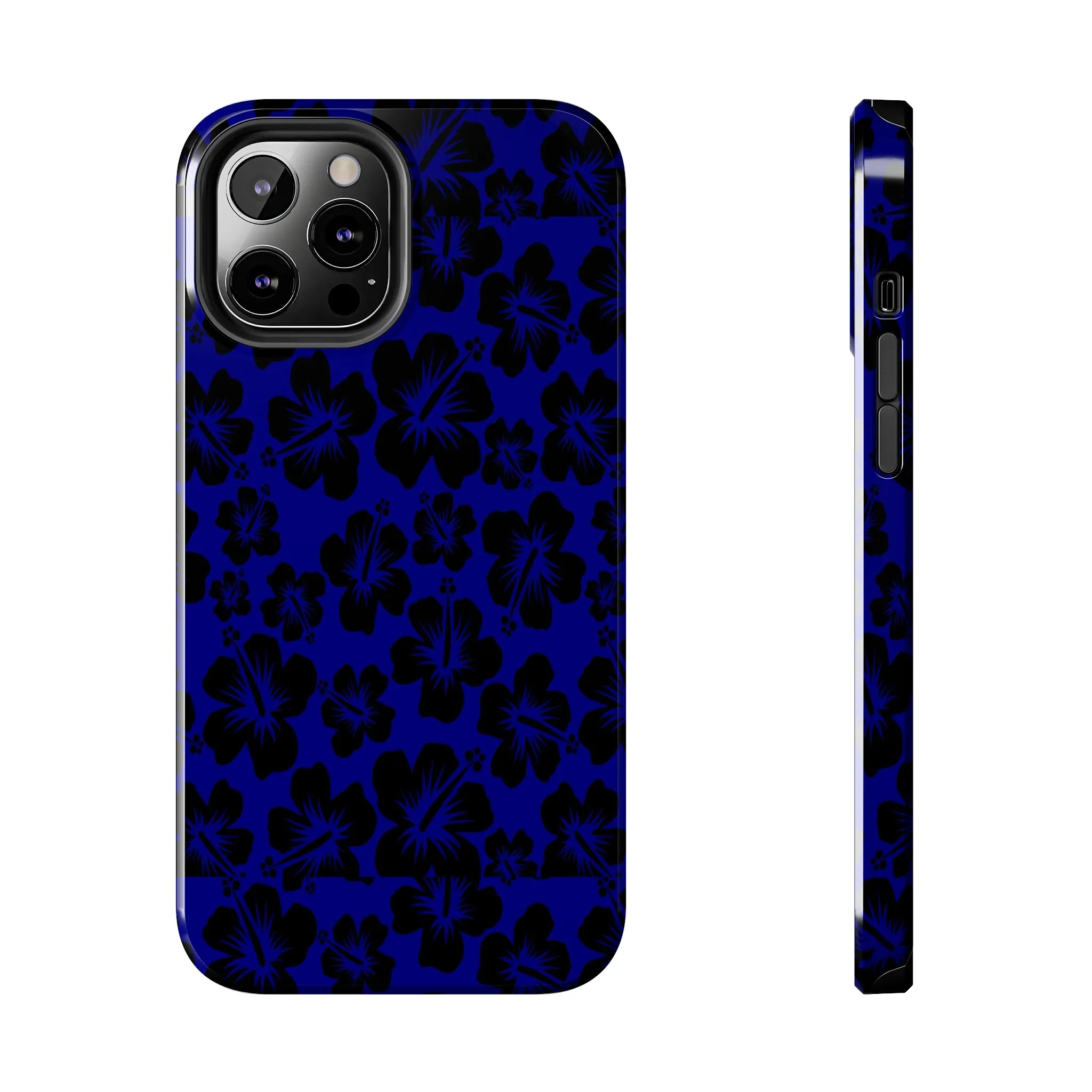 Black Hibiscus on Blue iPhone Tough Phone Cases