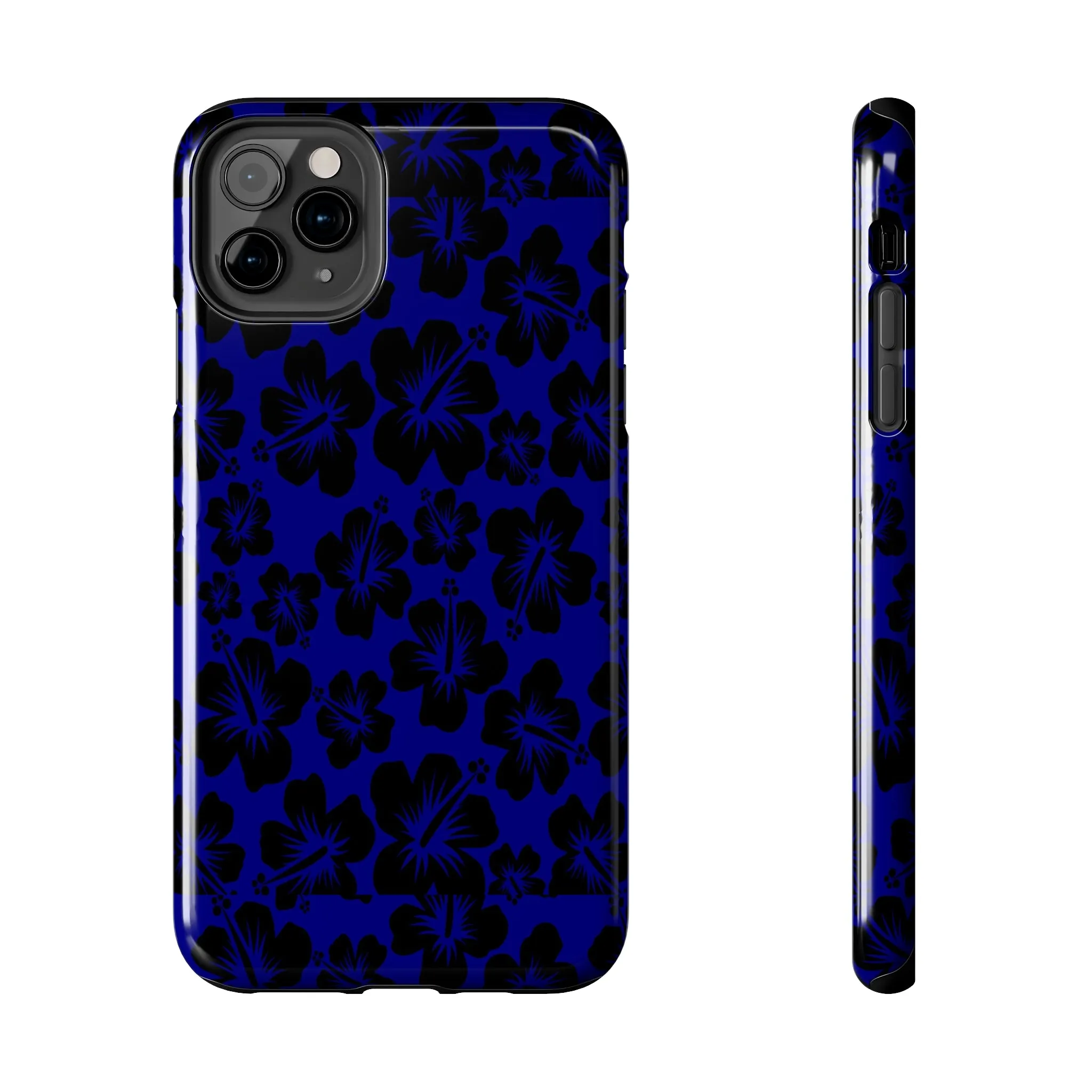 Black Hibiscus on Blue iPhone Tough Phone Cases