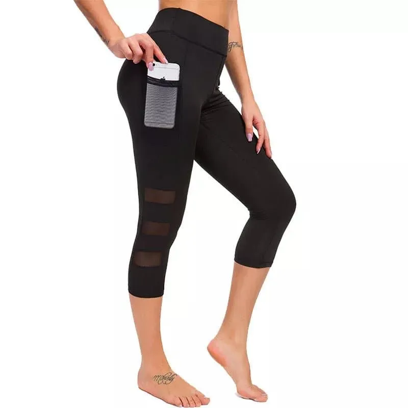 Black Mesh 3/4 Yoga Pants in Black with Elastic Waist