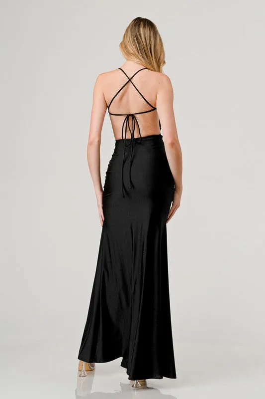 Black Ruched Crossed Back Slip On Maxi Dress