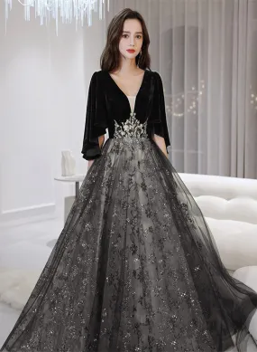 Black Velvet and Tulle Long Lace Party Dress, Black A-line Formal Dress