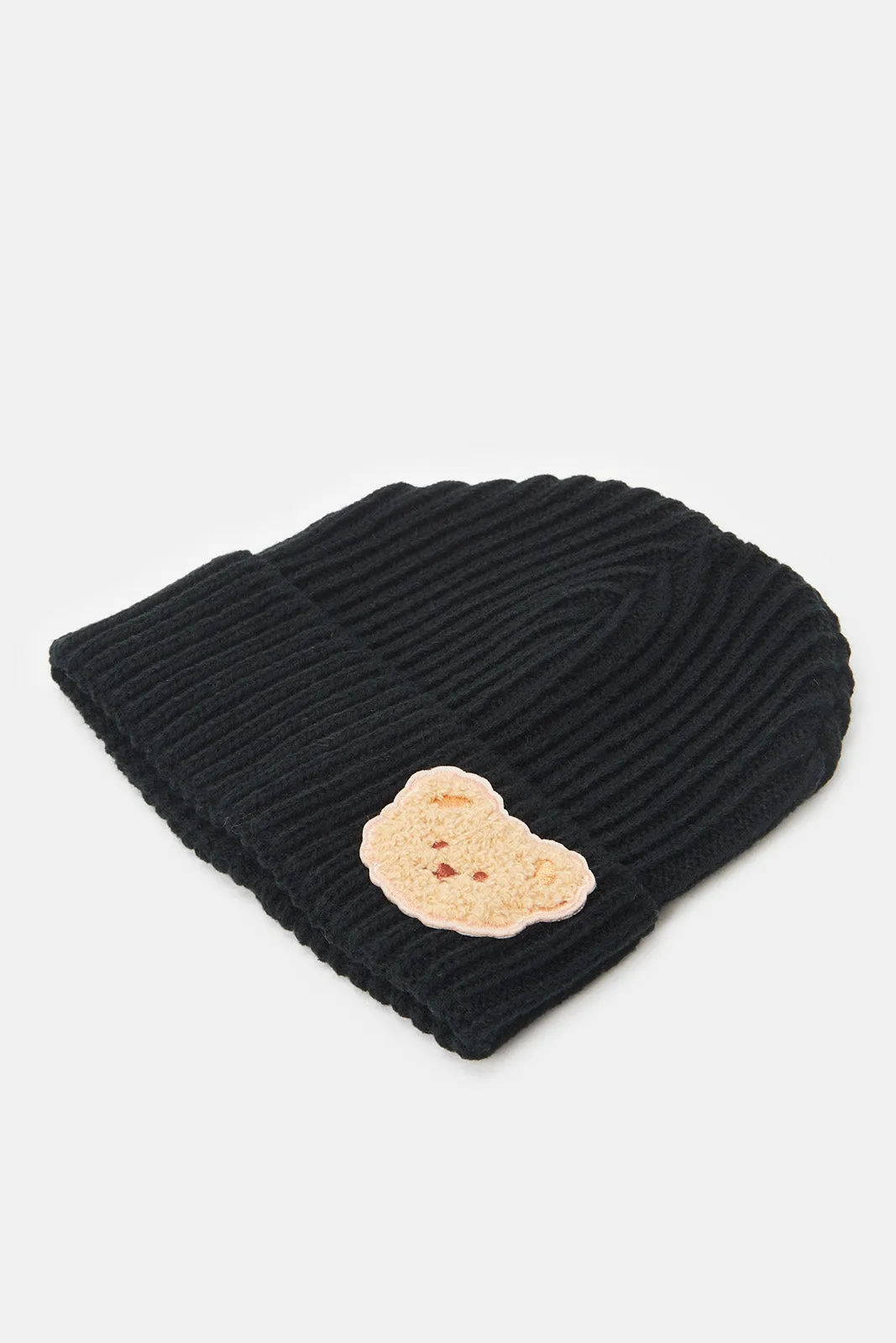 Boys Beige And Black Knitted Cap Set (Pack of 2)