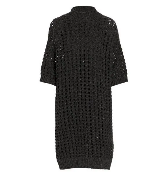 Brunello Cucinelli Cashmere Cable Knit Sweater Dress Charcoal Size S New $5395