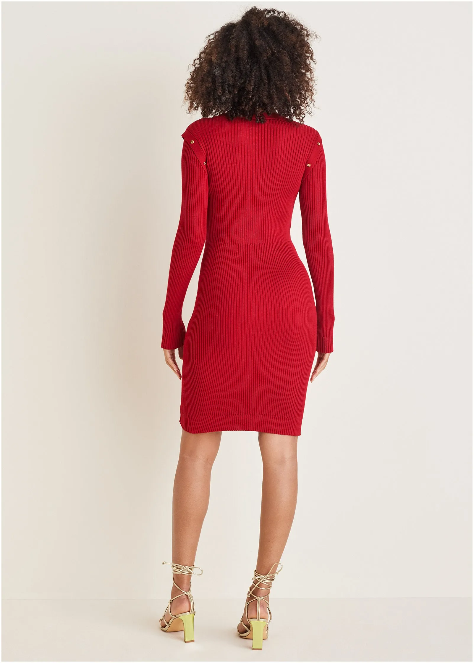 Button Detail Sweater Dress - Equestrian Red