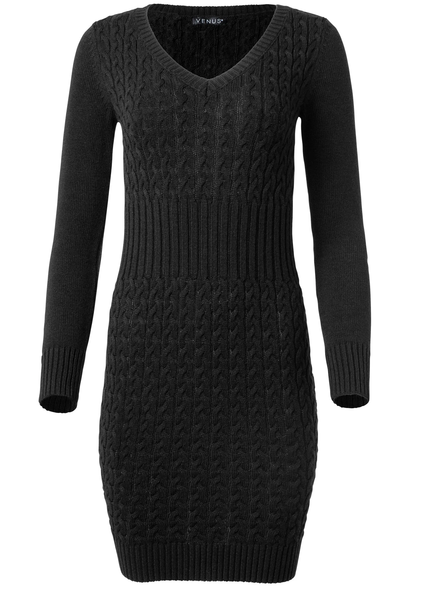 Cable Knit Sweater Dress - Black