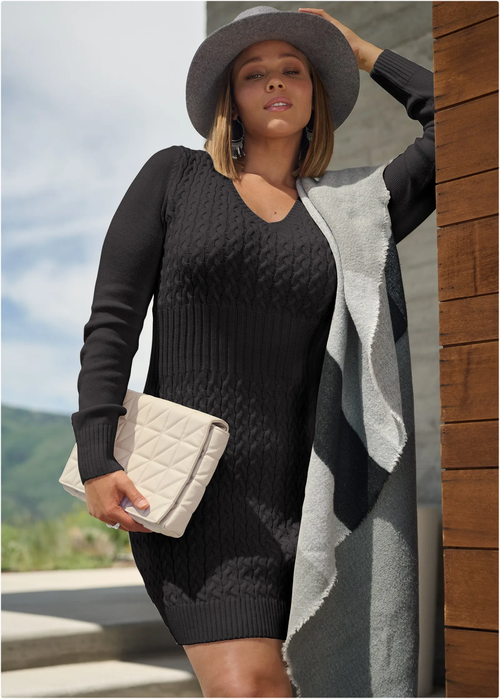 Cable Knit Sweater Dress - Black