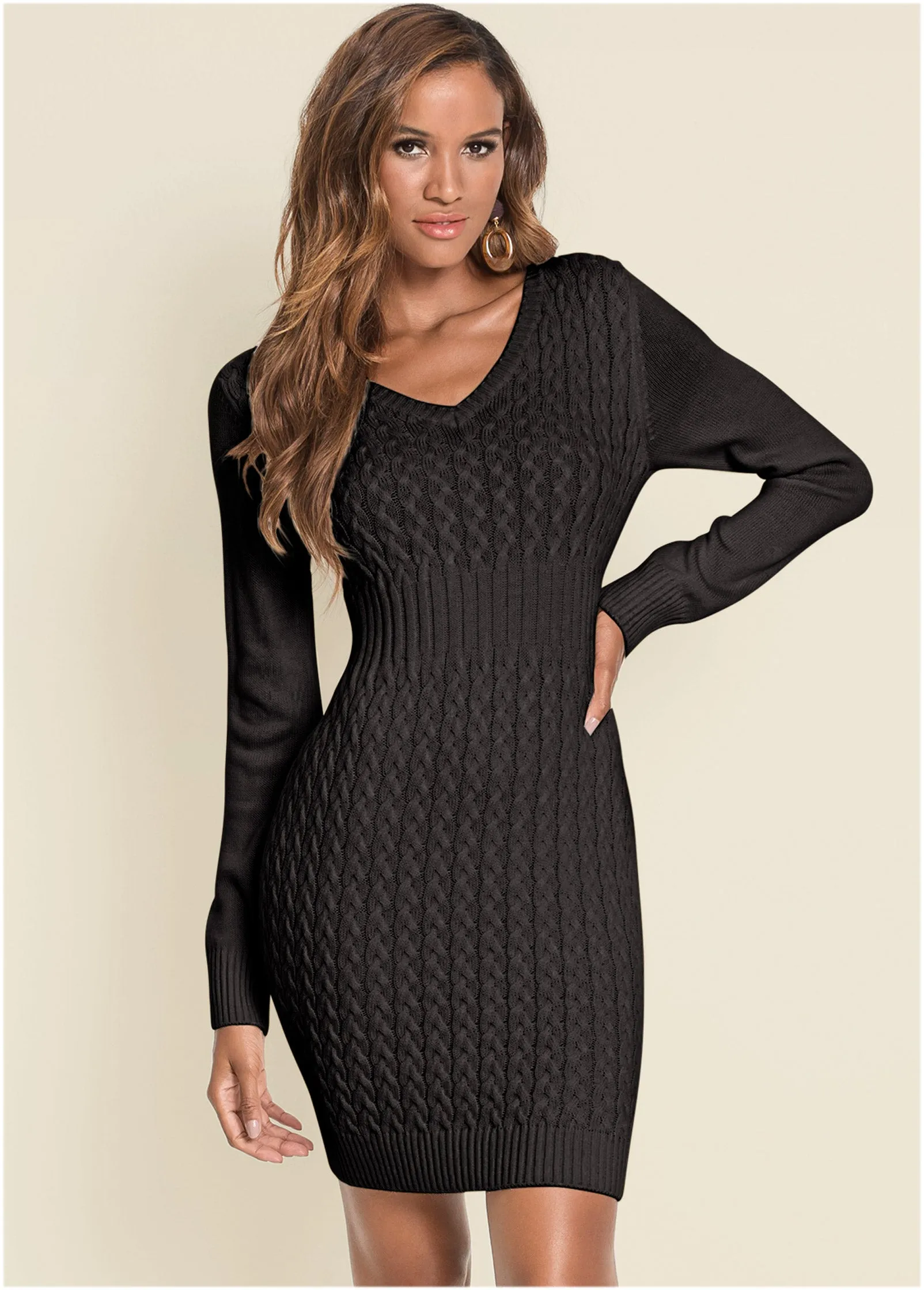 Cable Knit Sweater Dress - Black