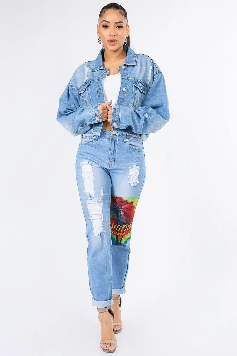 California Painting Cropped Denim Jacket