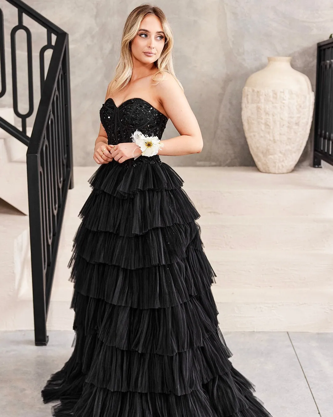 Celeste Layered Strapless Gown - Black