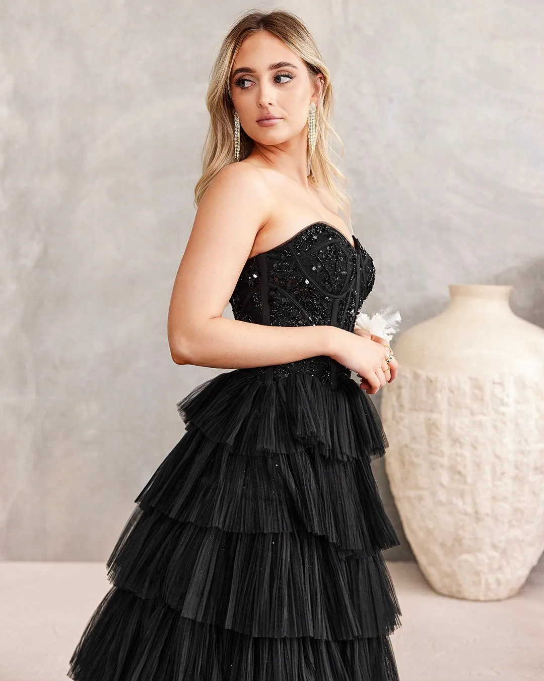 Celeste Layered Strapless Gown - Black