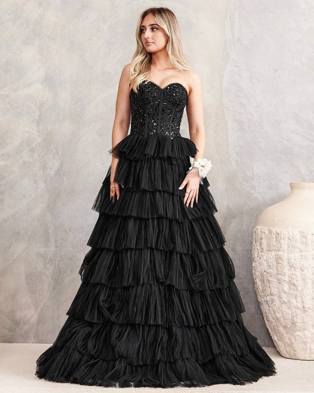 Celeste Layered Strapless Gown - Black