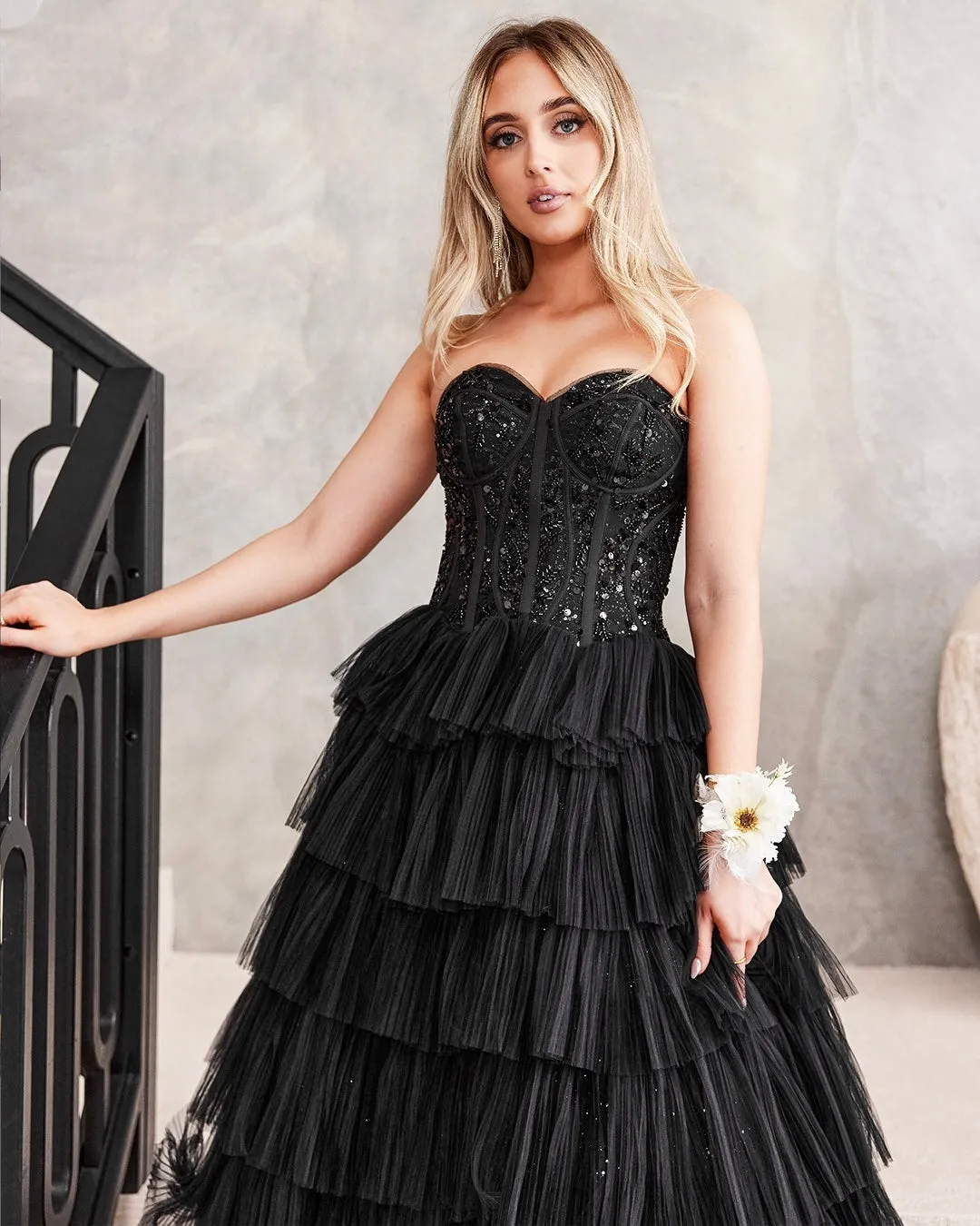 Celeste Layered Strapless Gown - Black