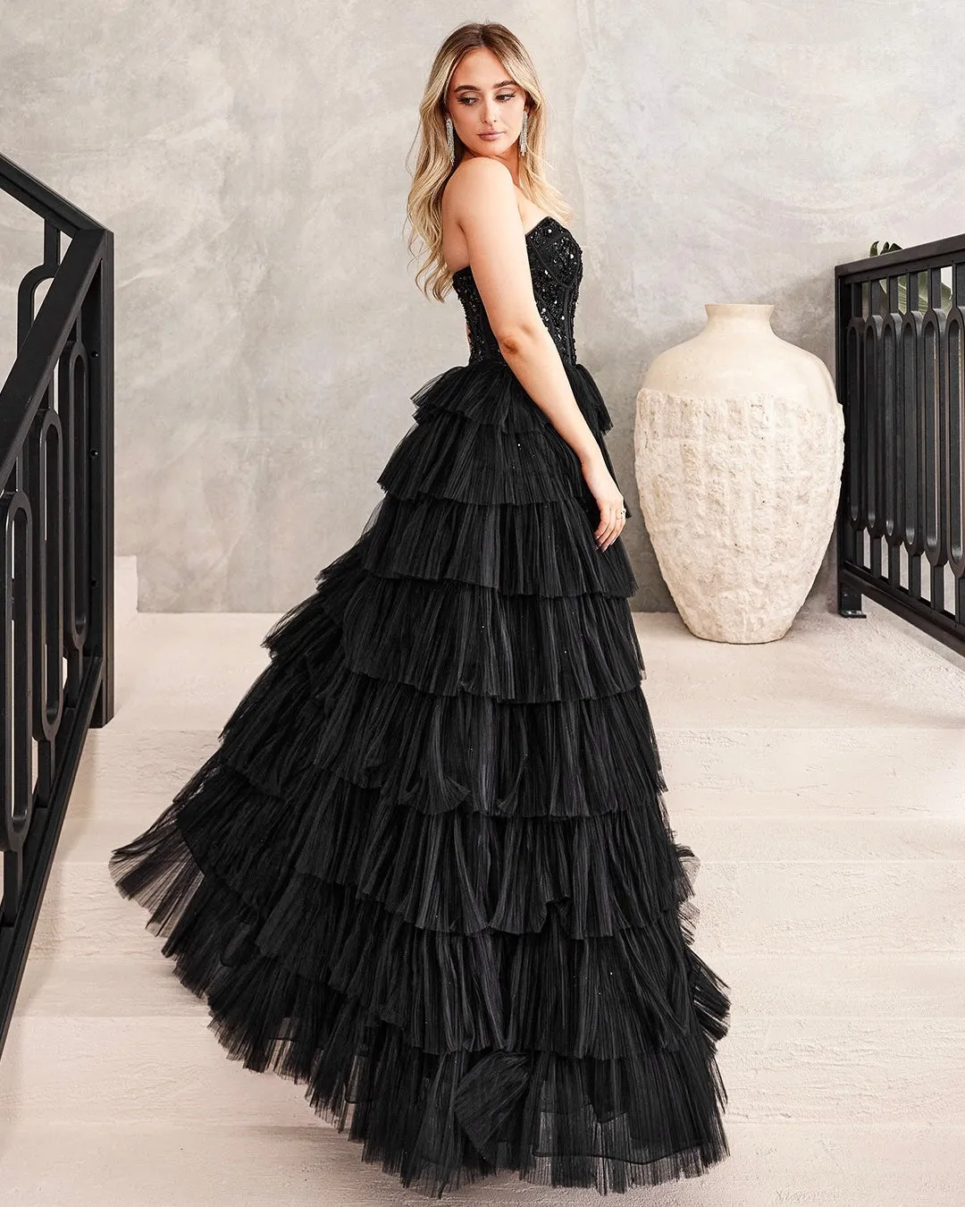 Celeste Layered Strapless Gown - Black