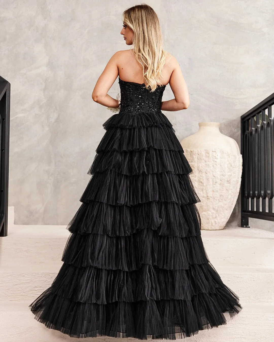 Celeste Layered Strapless Gown - Black