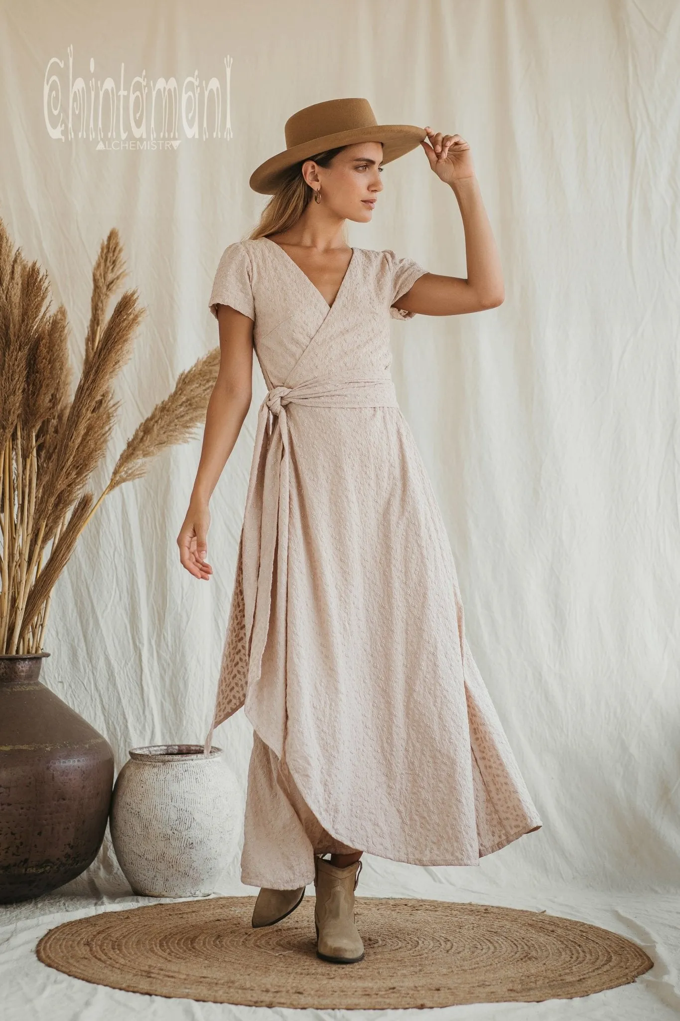 Certified Organic Cotton Wrap Dress with Flower Eyelets / Beige