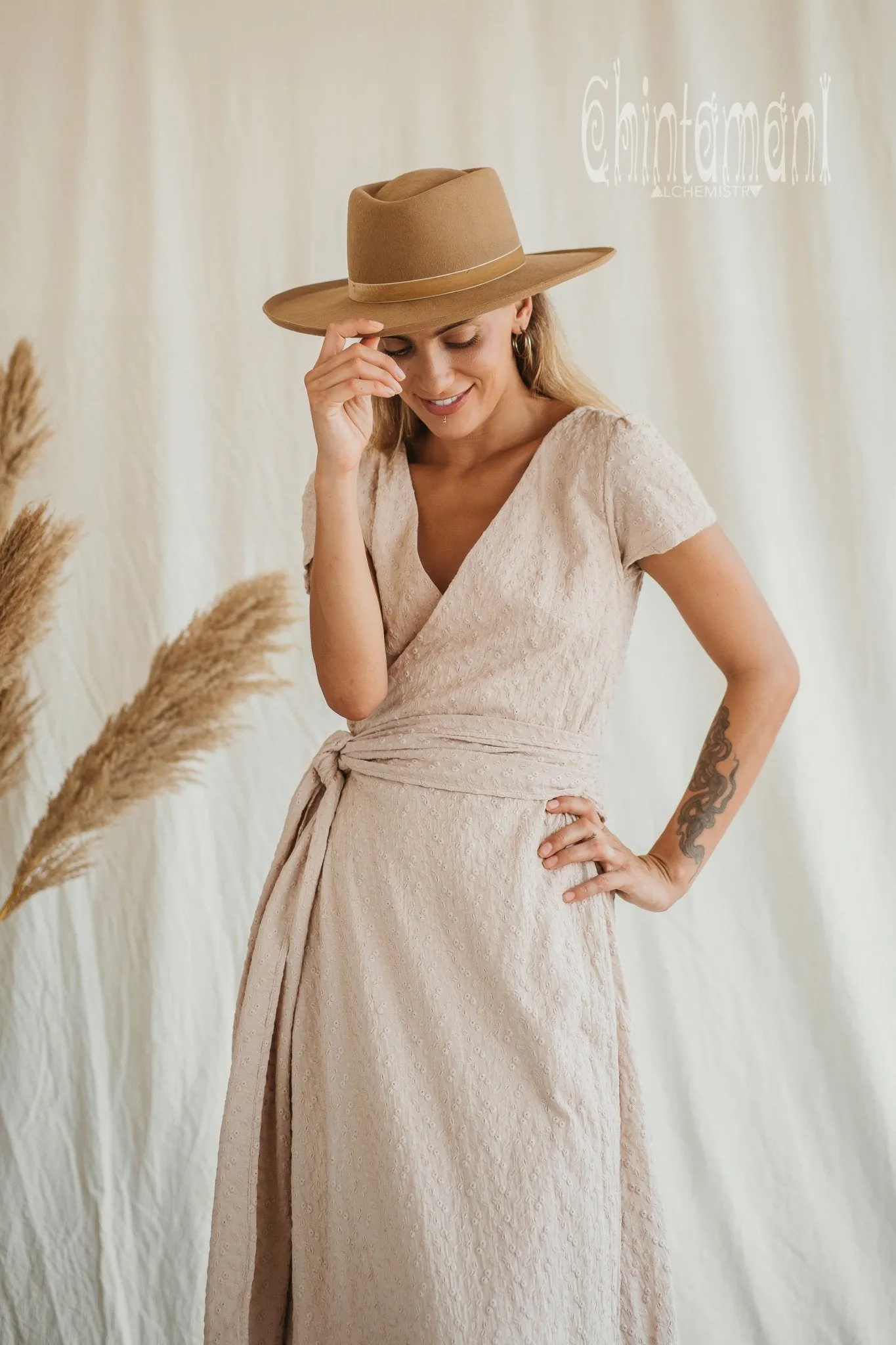 Certified Organic Cotton Wrap Dress with Flower Eyelets / Beige