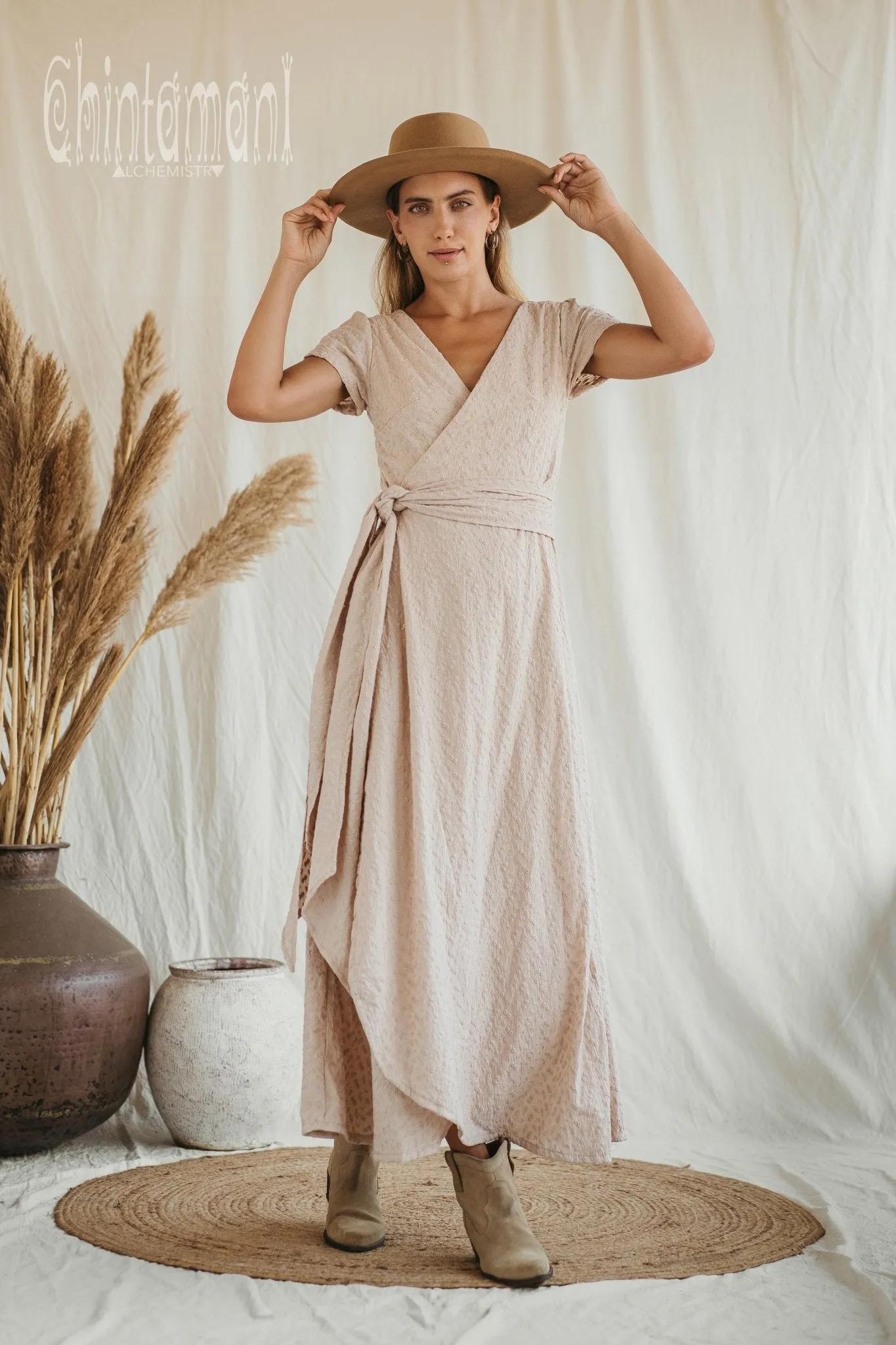 Certified Organic Cotton Wrap Dress with Flower Eyelets / Beige