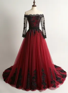 Charming Wine Red Tulle Long Sleeves with Lace Party Dress, Wine Red Prom Dress