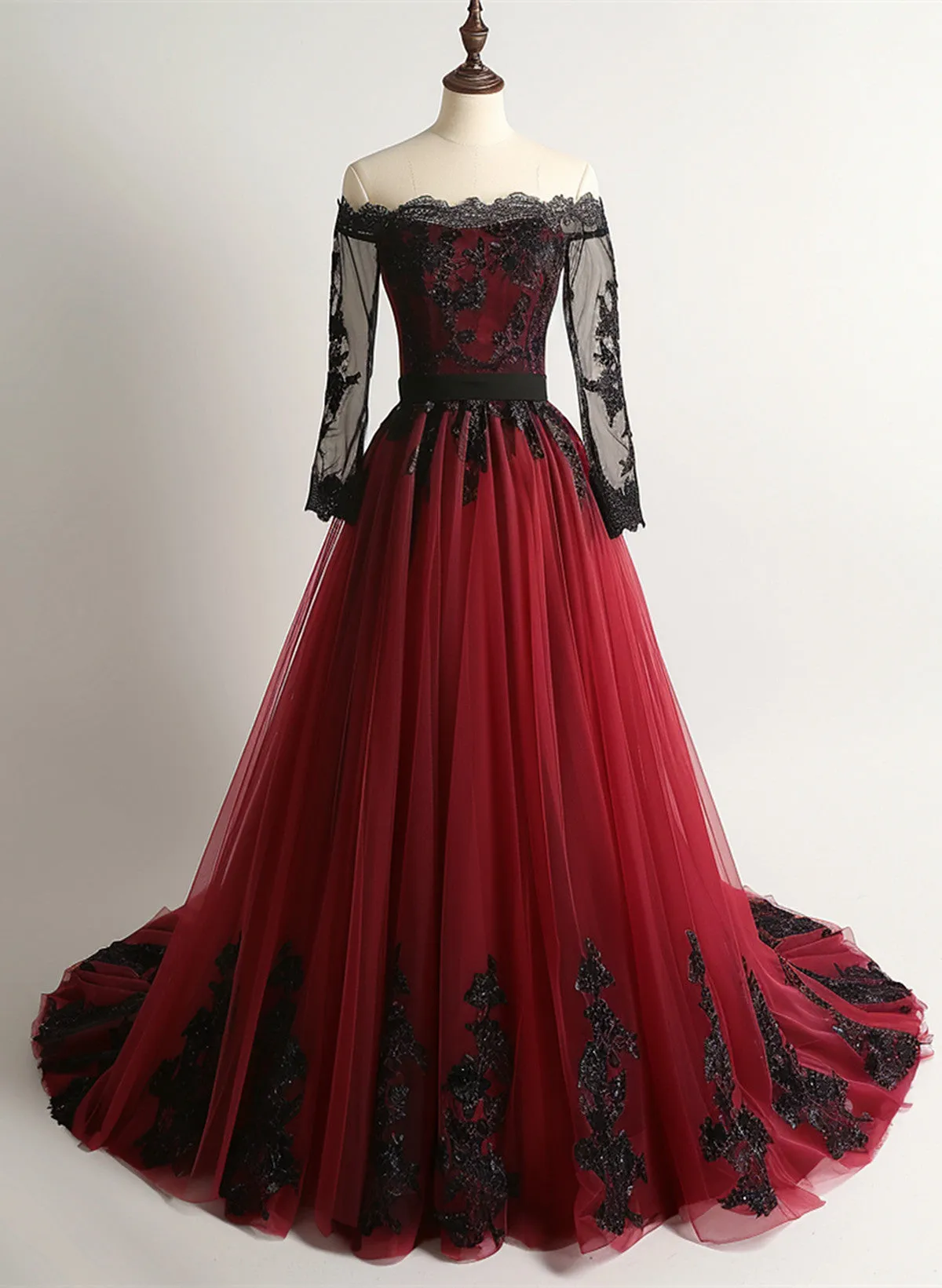 Charming Wine Red Tulle Long Sleeves with Lace Party Dress, Wine Red Prom Dress