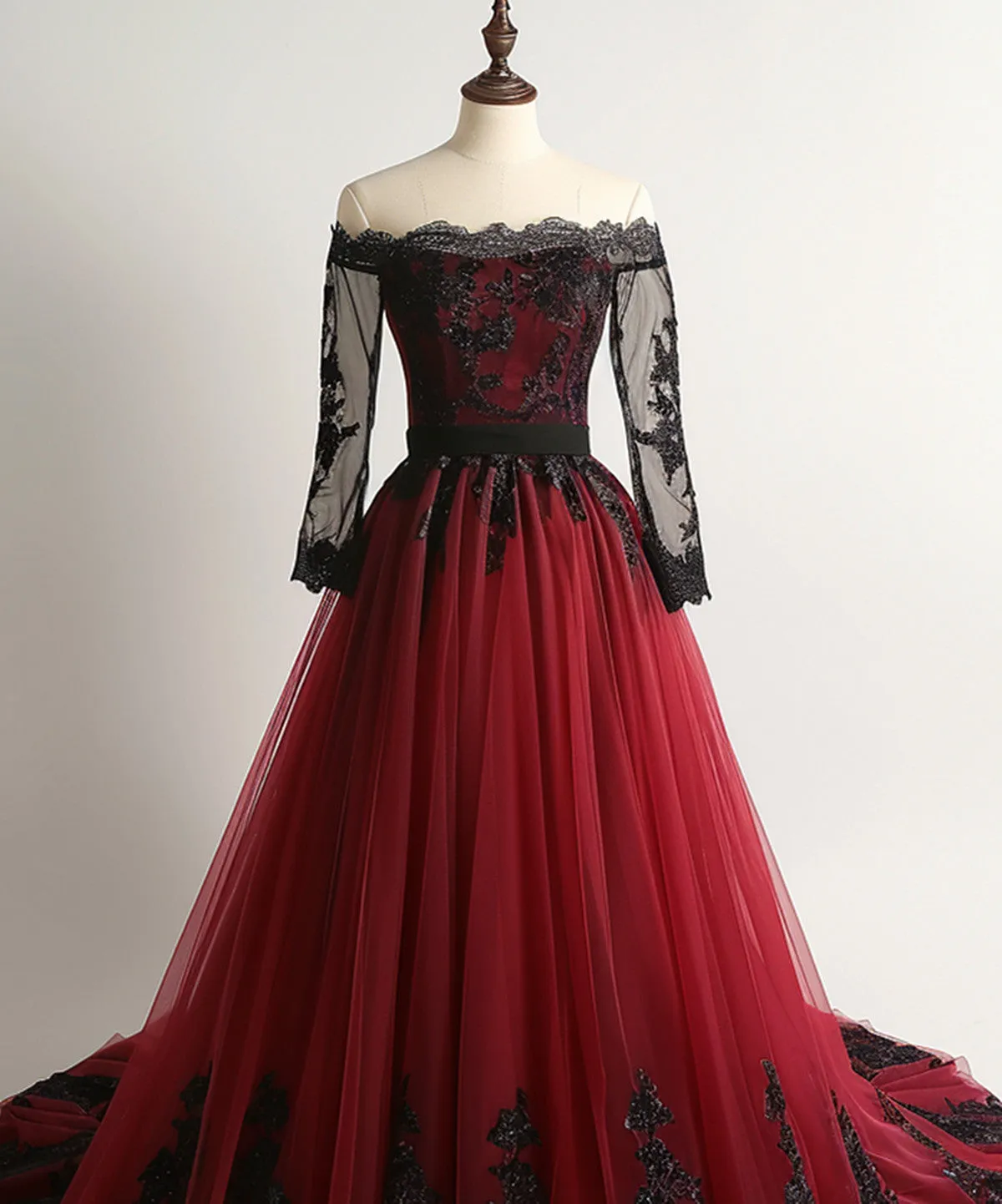 Charming Wine Red Tulle Long Sleeves with Lace Party Dress, Wine Red Prom Dress