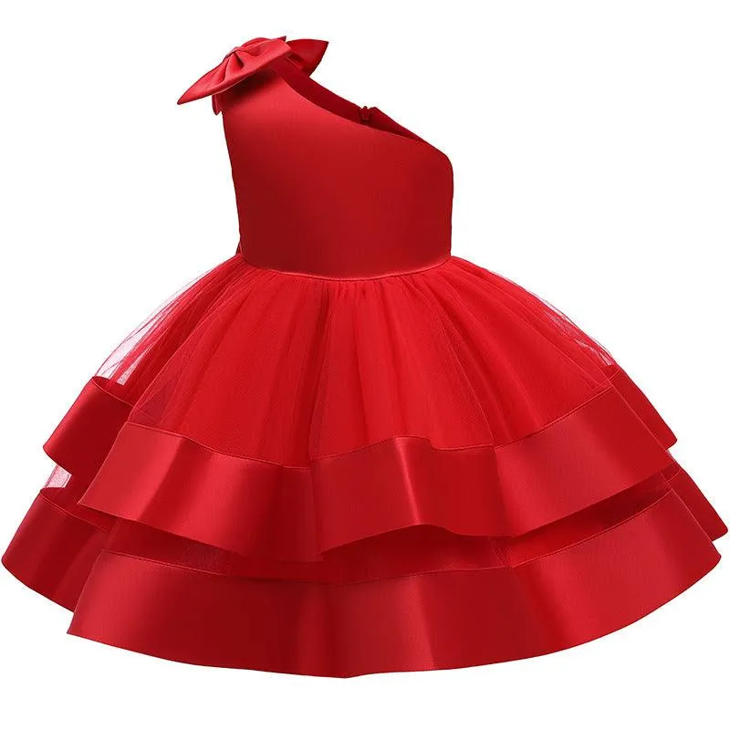 Children's dress with sloping shoulder design