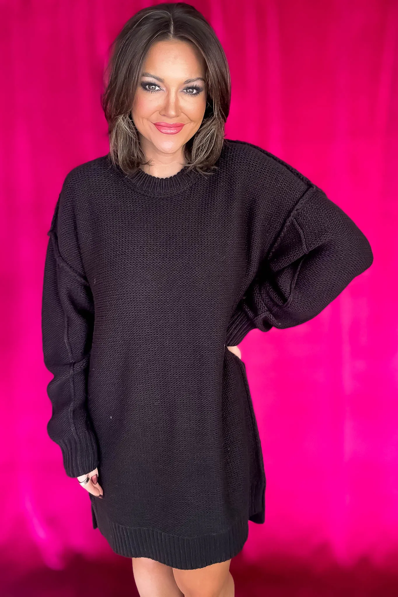 Chunky Black Round Neck Oversized Sweater Mini Dress