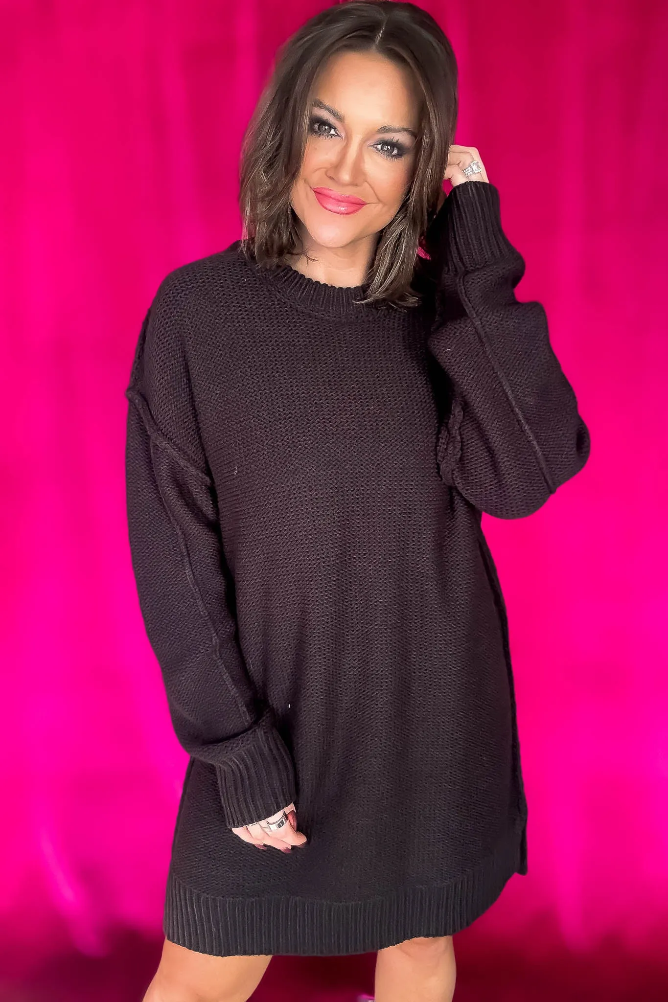 Chunky Black Round Neck Oversized Sweater Mini Dress