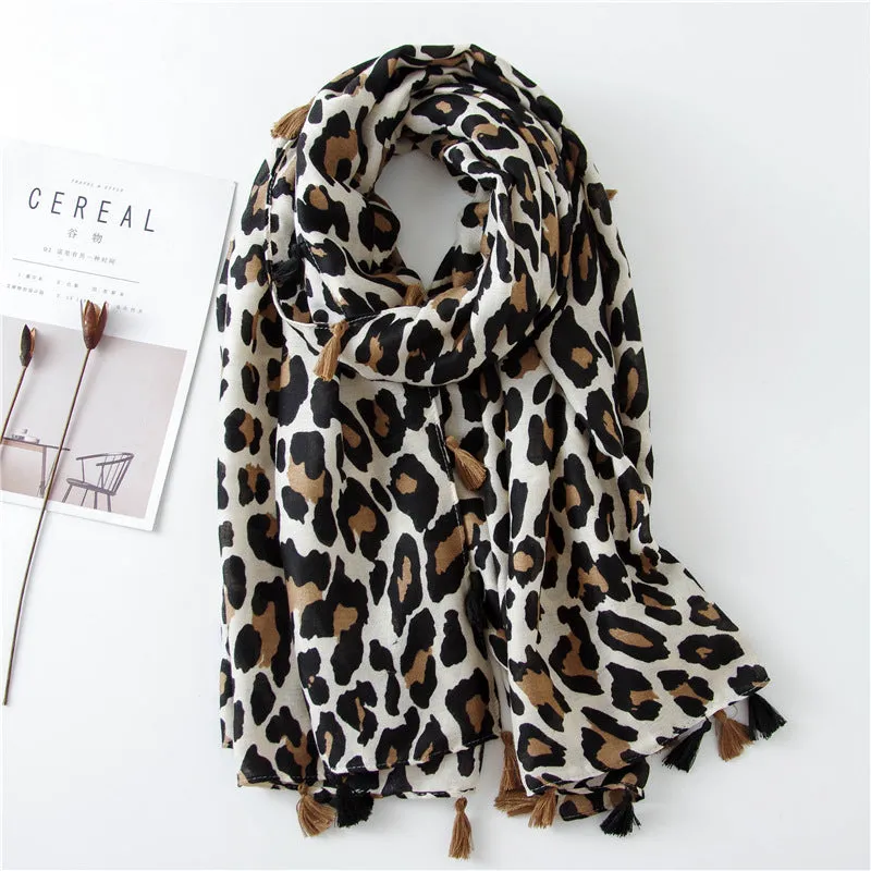 Classic Leopard Print Spring, Autumn, and Winter Long Versatile Cotton and Linen Scarf Dual Purpose Shawl