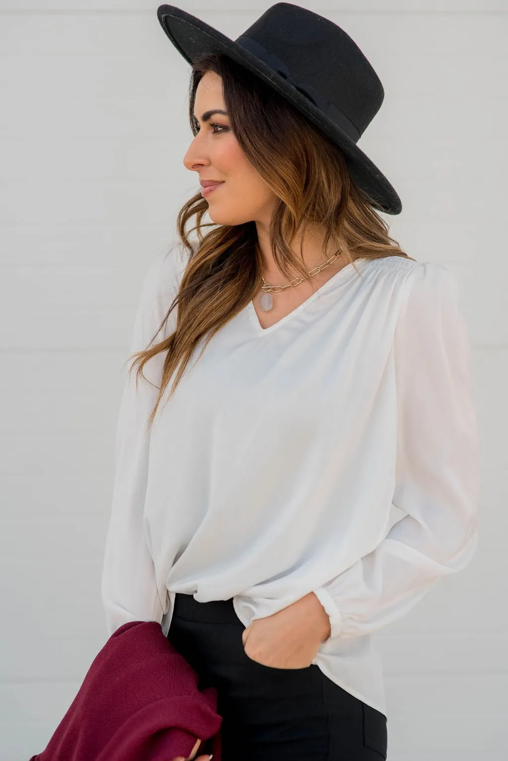 Classy Ruche Shoulder Button Sleeve Blouse