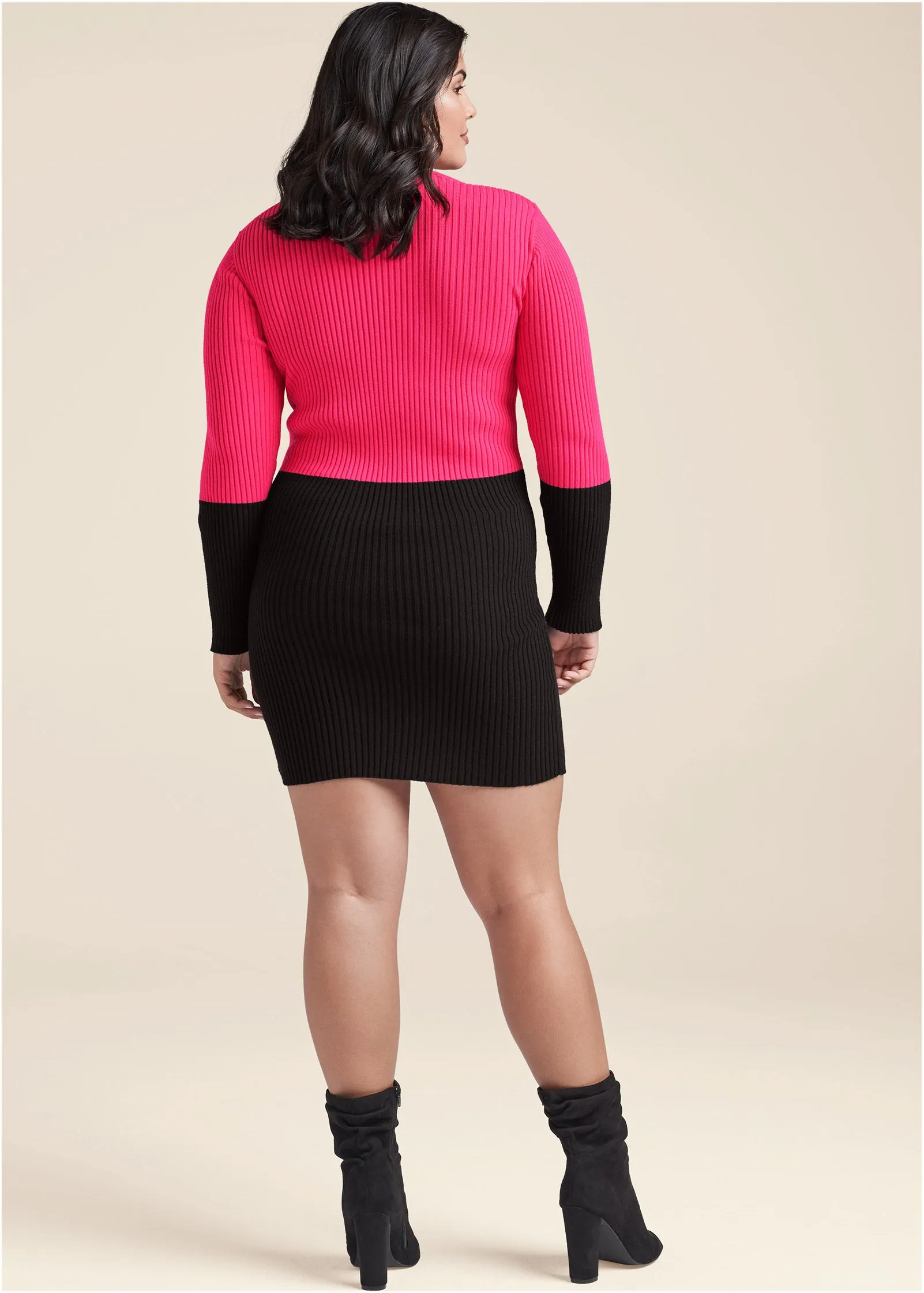 Color Block Sweater Dress - Black & Pink