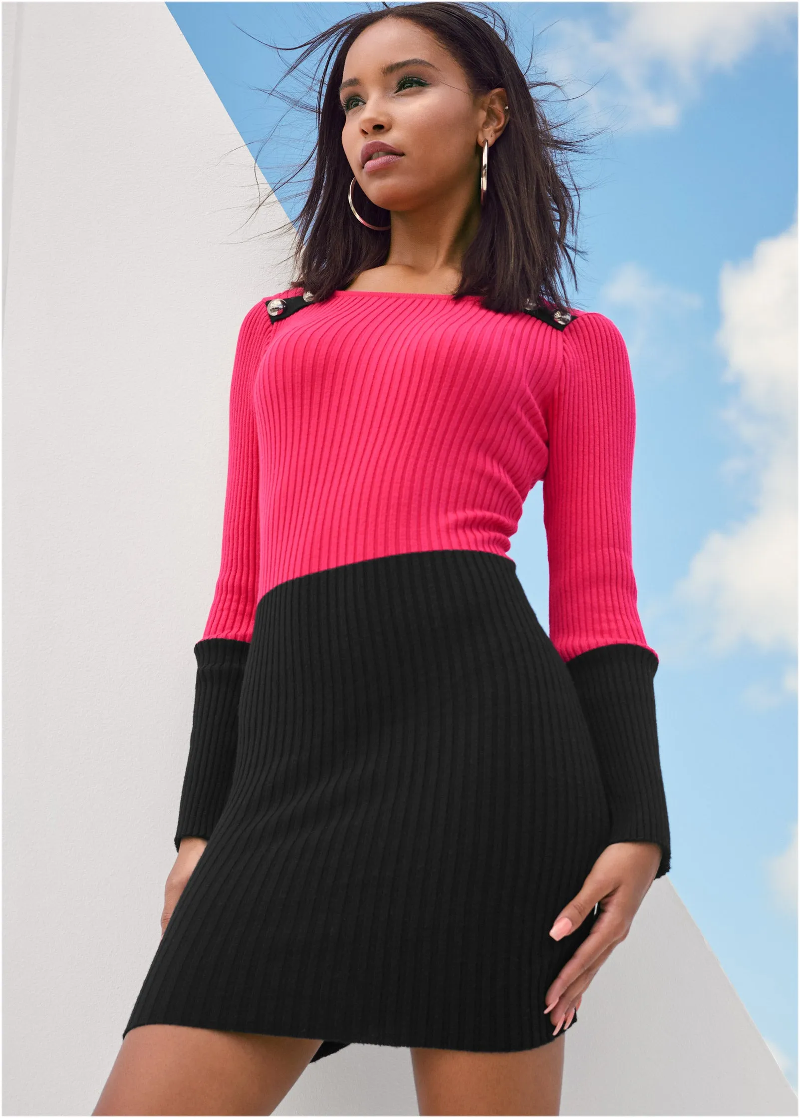 Color Block Sweater Dress - Black & Pink