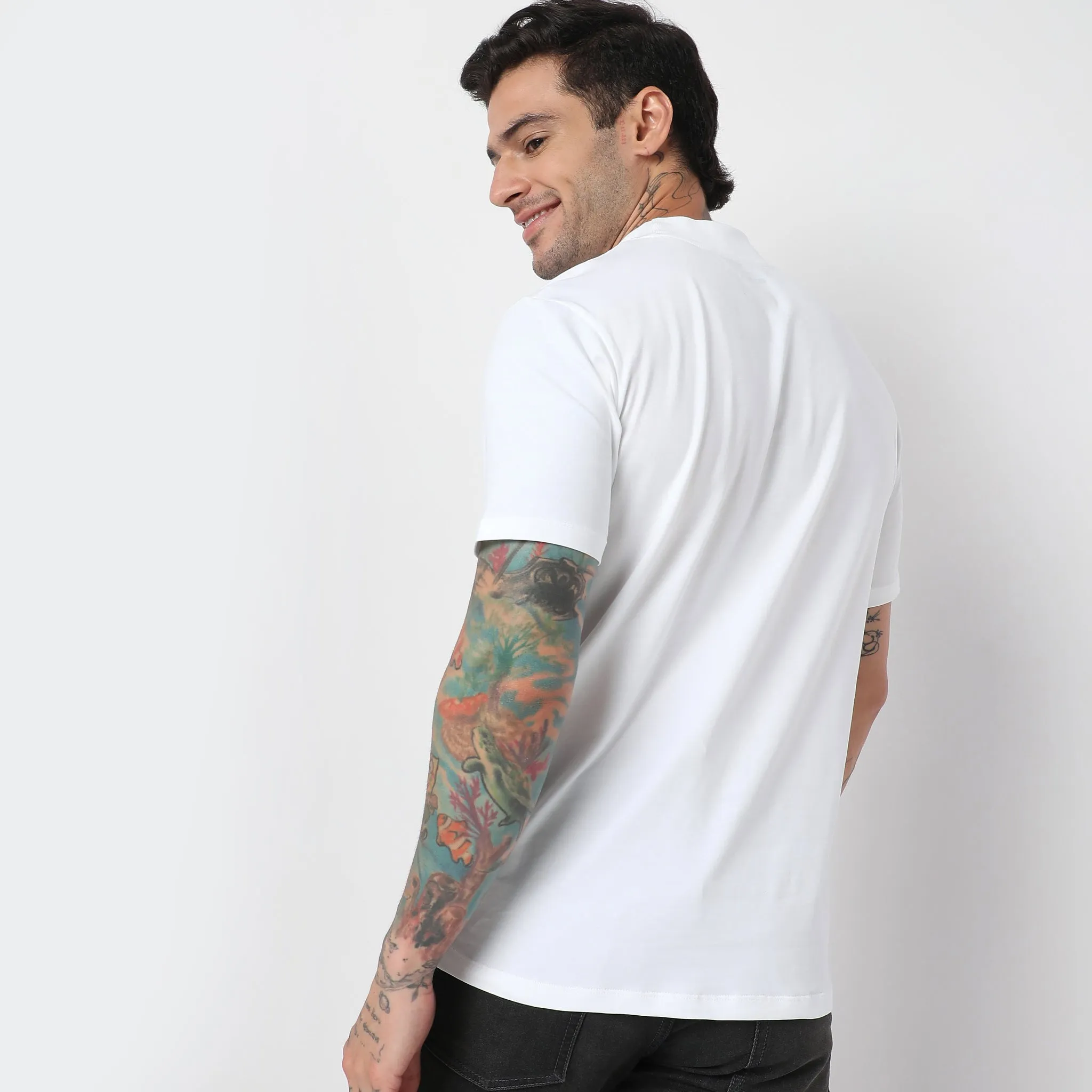 Cotton with E-fast® Stretch High Neck Slim Fit Solid T-Shirt