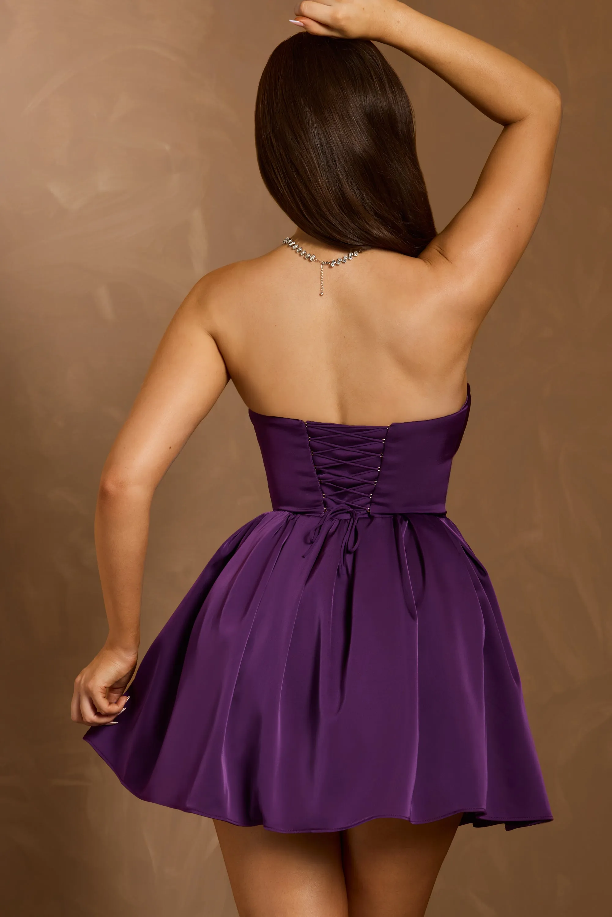 Cowl-Neck Corset Mini Dress in Plum