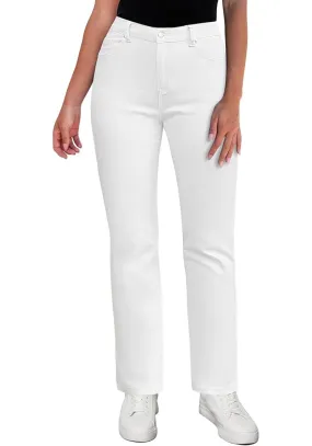 Cream White Women's High Waisted Full Length Straight Leg Jeans With Pockets