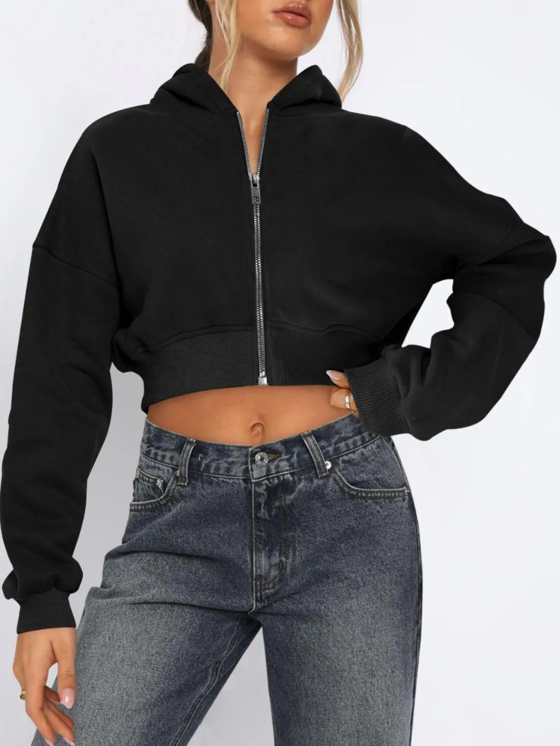 Cropped Jacket Viscose Zip Up Long Sleeve Hooded Outwear