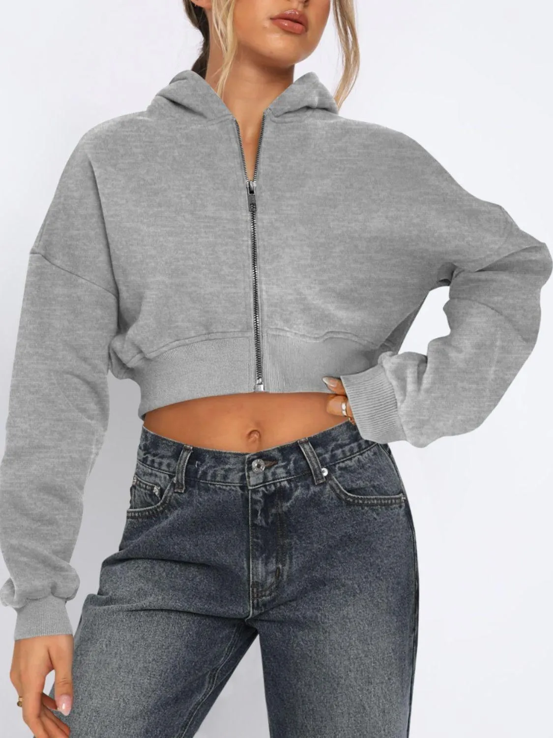 Cropped Jacket Viscose Zip Up Long Sleeve Hooded Outwear