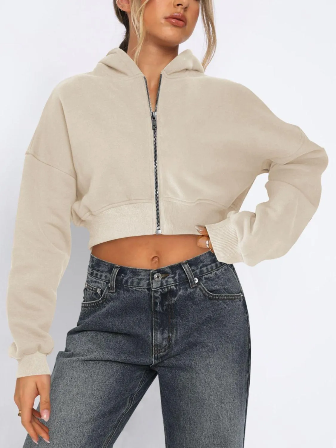 Cropped Jacket Viscose Zip Up Long Sleeve Hooded Outwear