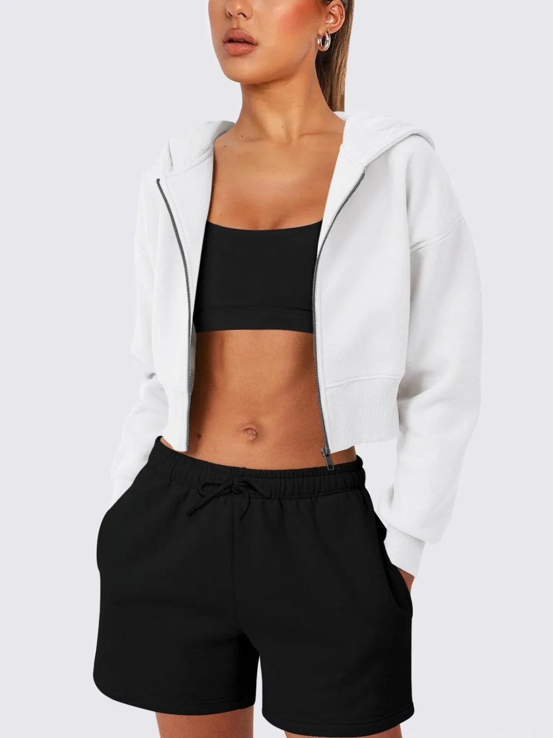 Cropped Jacket Viscose Zip Up Long Sleeve Hooded Outwear