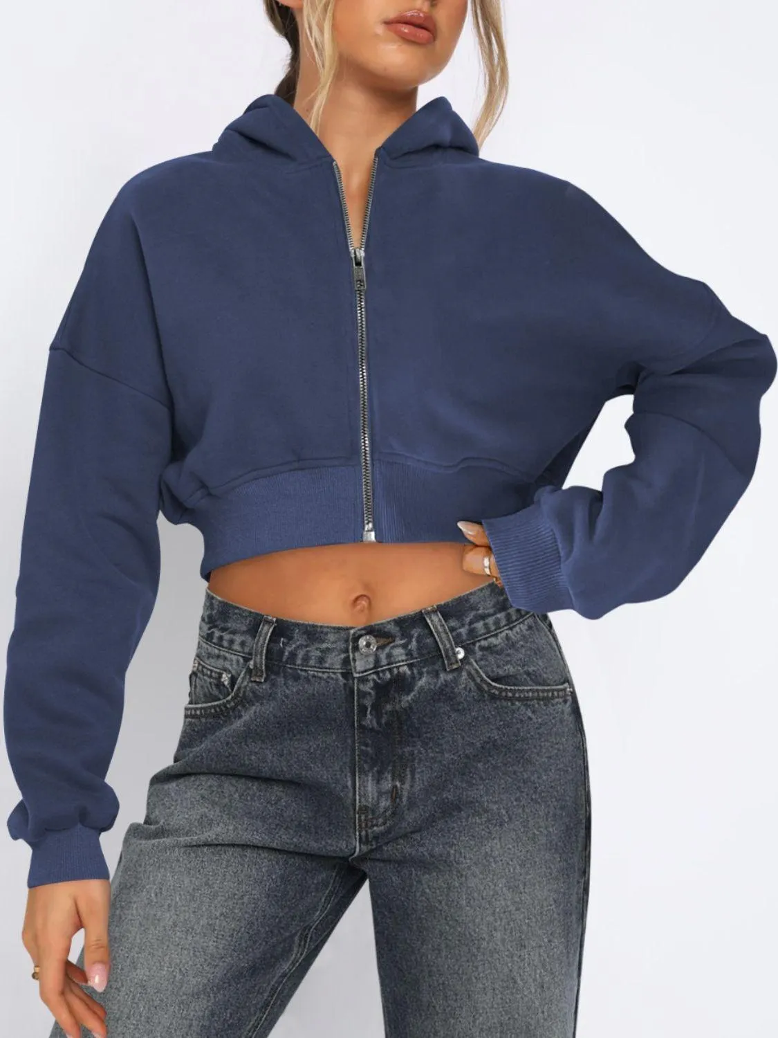 Cropped Jacket Viscose Zip Up Long Sleeve Hooded Outwear