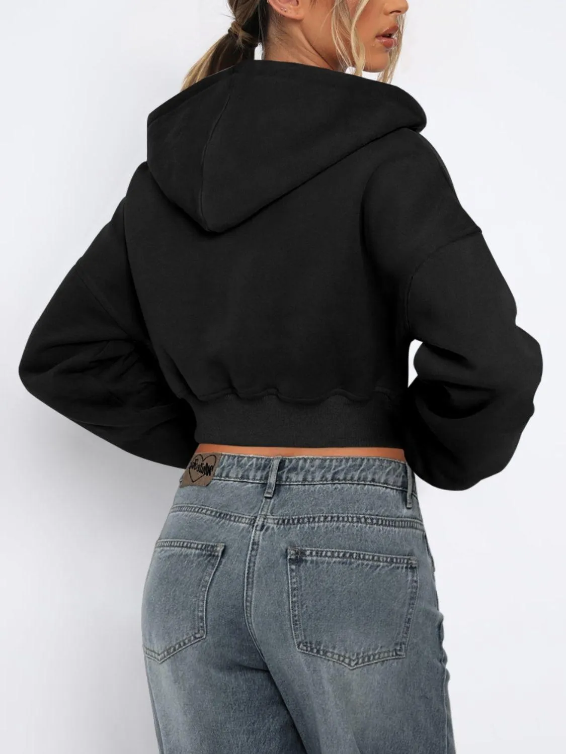 Cropped Jacket Viscose Zip Up Long Sleeve Hooded Outwear