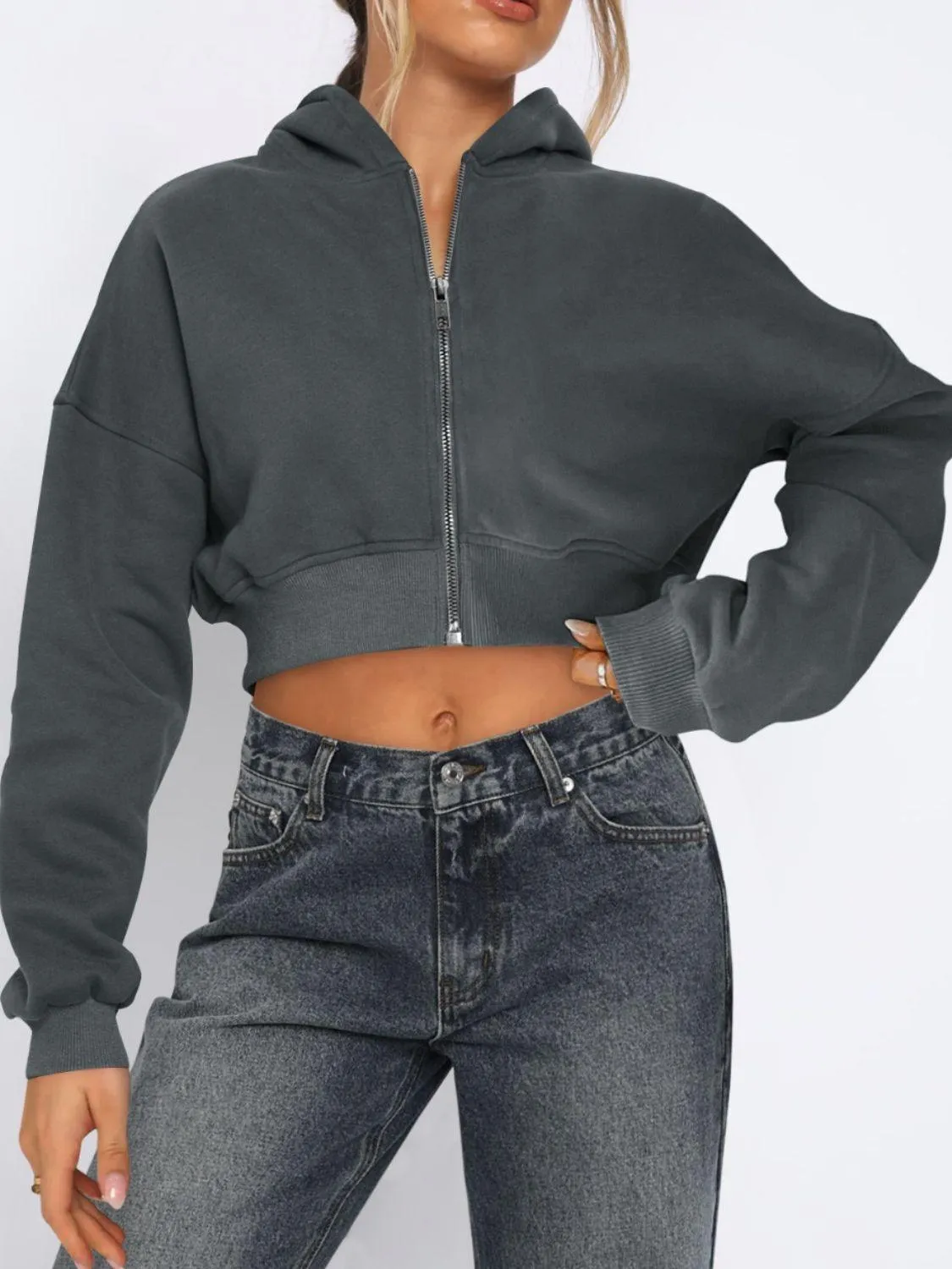 Cropped Jacket Viscose Zip Up Long Sleeve Hooded Outwear