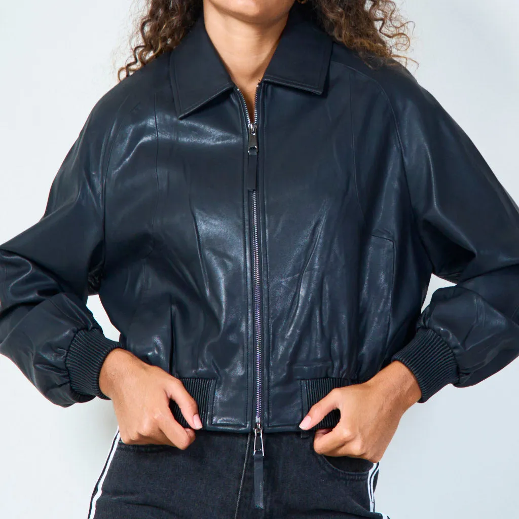 Cropped leather jacket with zip closure wholesale