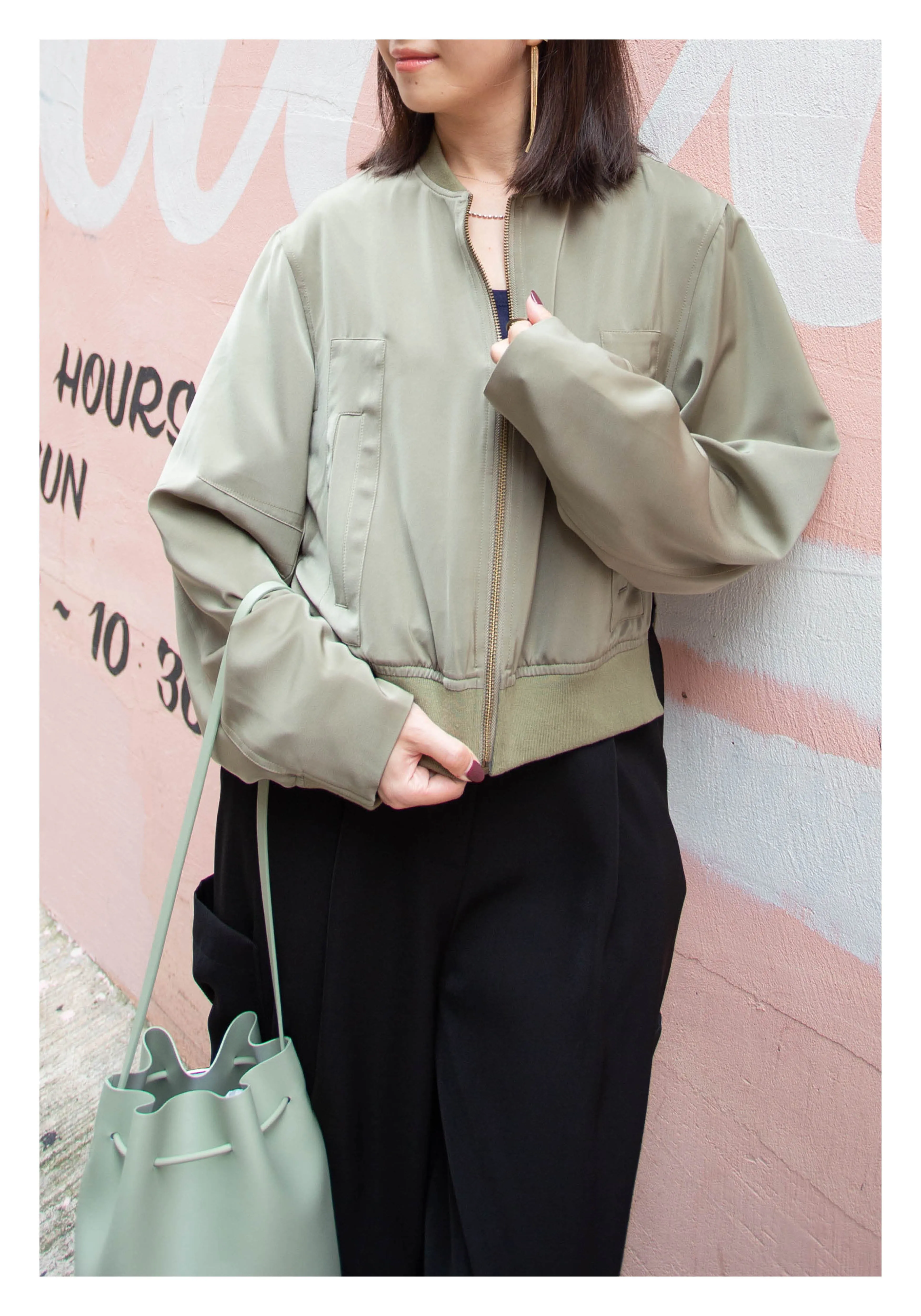 Cropped Slit Bomber Jacket Military Green