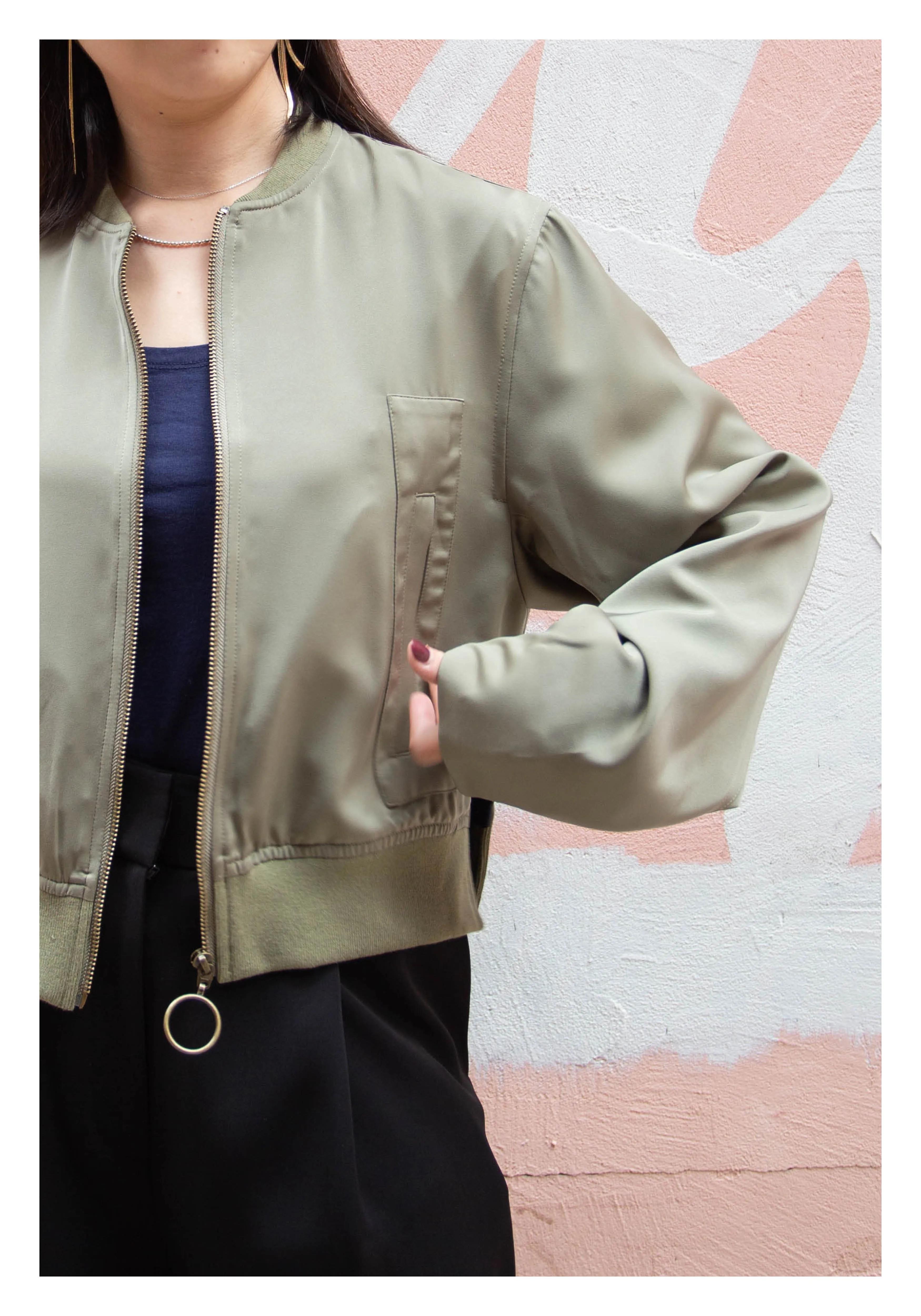 Cropped Slit Bomber Jacket Military Green